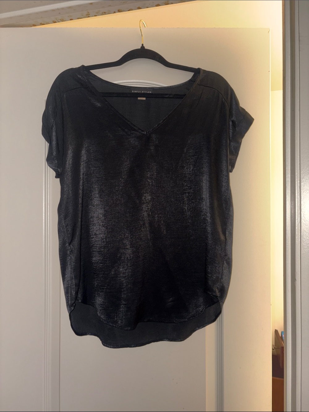 Simply Styled Shiny Black V-Neck Short Sleeve Blouse